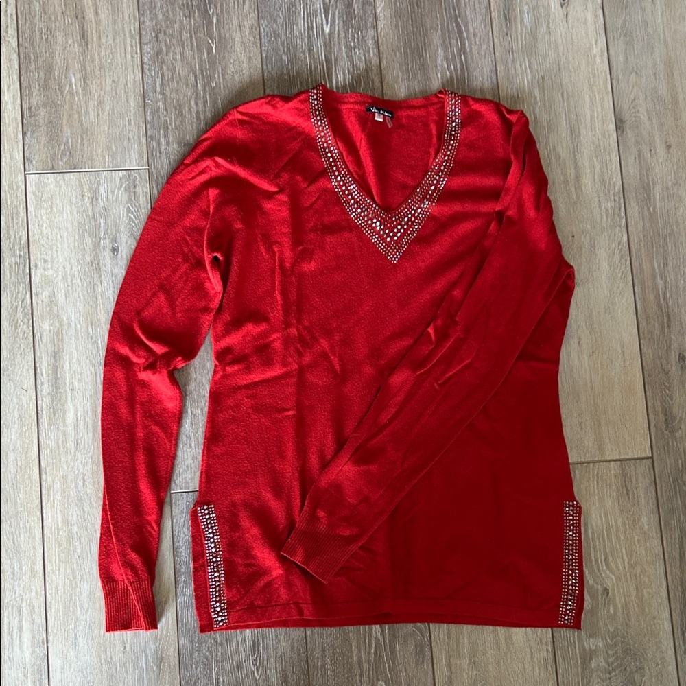 Milano Red V-Neck Sweater with Sparkling Accents